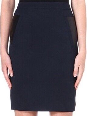 The Kooples Navy Blue Pencil Mini Skirt with Black Leather Side Panels. Size 10